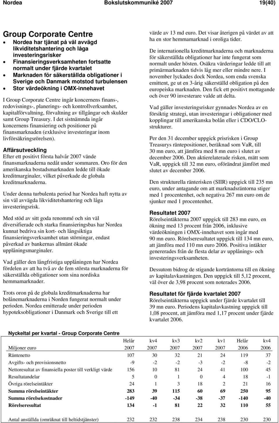 planerings- och kontrollverksamhet, kapitalförvaltning, förvaltning av tillgångar och skulder samt Group Treasury.