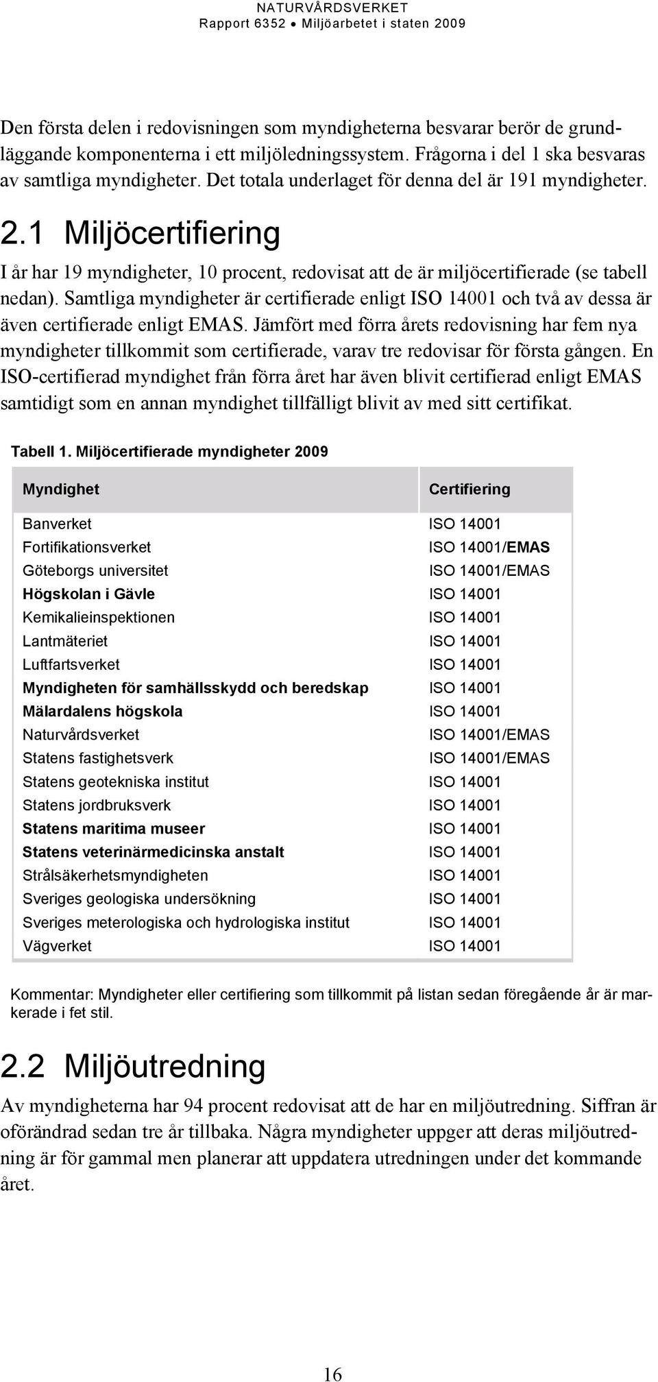 Samtliga myndigheter är certifierade enligt ISO 14001 och två av dessa är även certifierade enligt EMAS.