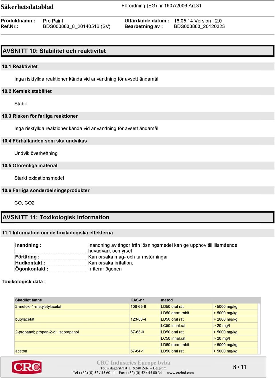 5 Oförenliga material Starkt oxidationsmedel 10.6 Farliga sönderdelningsprodukter CO, CO2 AVSNITT 11: Toxikologisk information 11.