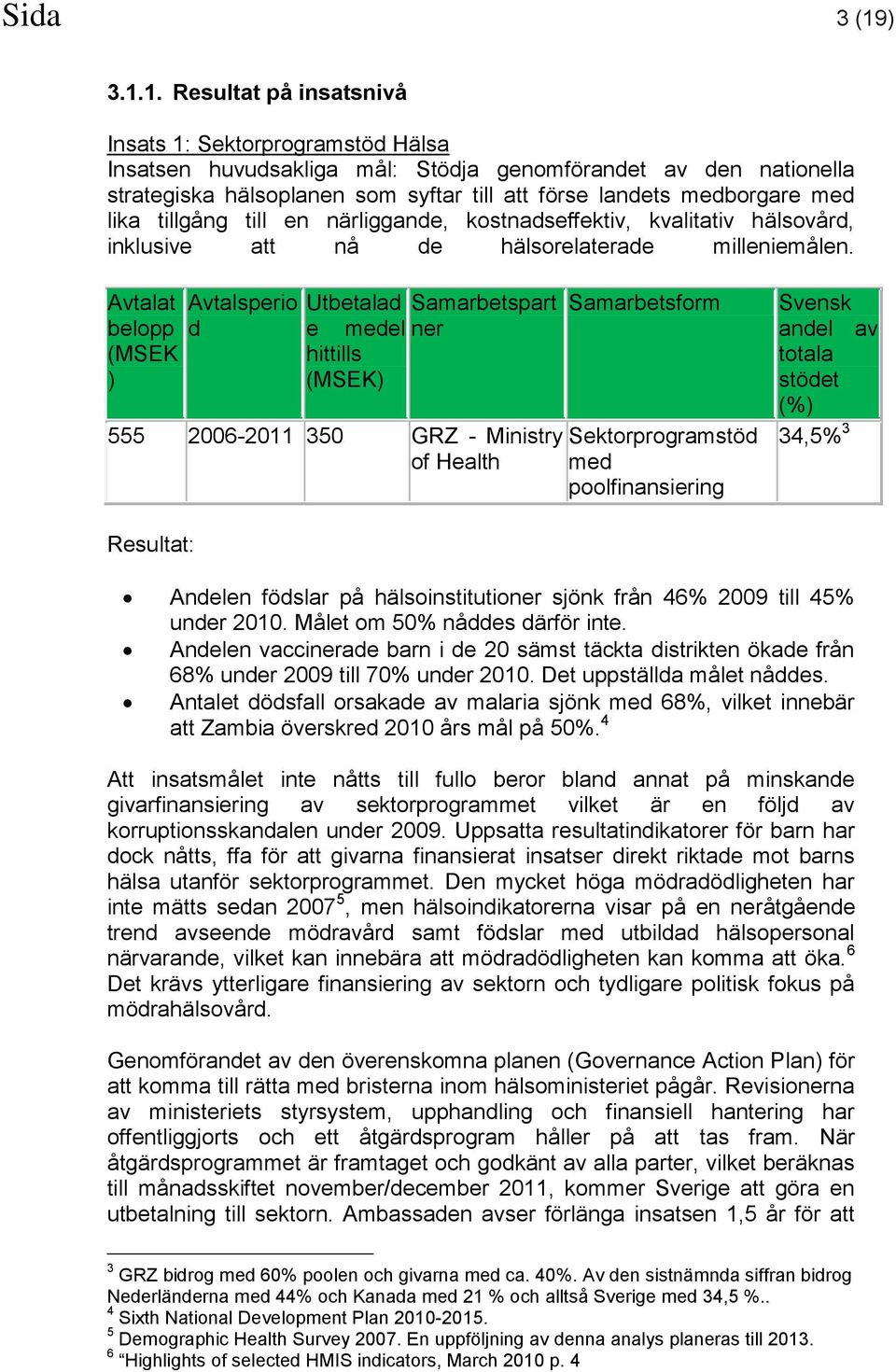 1. Resultat på insatsnivå Insats 1: Sektorprogramstöd Hälsa Insatsen huvudsakliga mål: Stödja genomförandet av den nationella strategiska hälsoplanen som syftar till att förse landets medborgare med