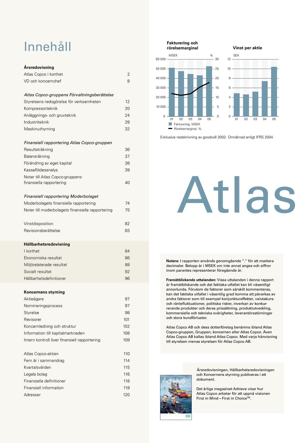 Fakturering, MSEK Rörelsemarginal, % 05 0 0 01 02 03 04 05 Finansiell rapportering Atlas Copco-gruppen Resultaträkning 36 Balansräkning 37 Förändring av eget kapital 38 Kassaflödesanalys 39 Noter