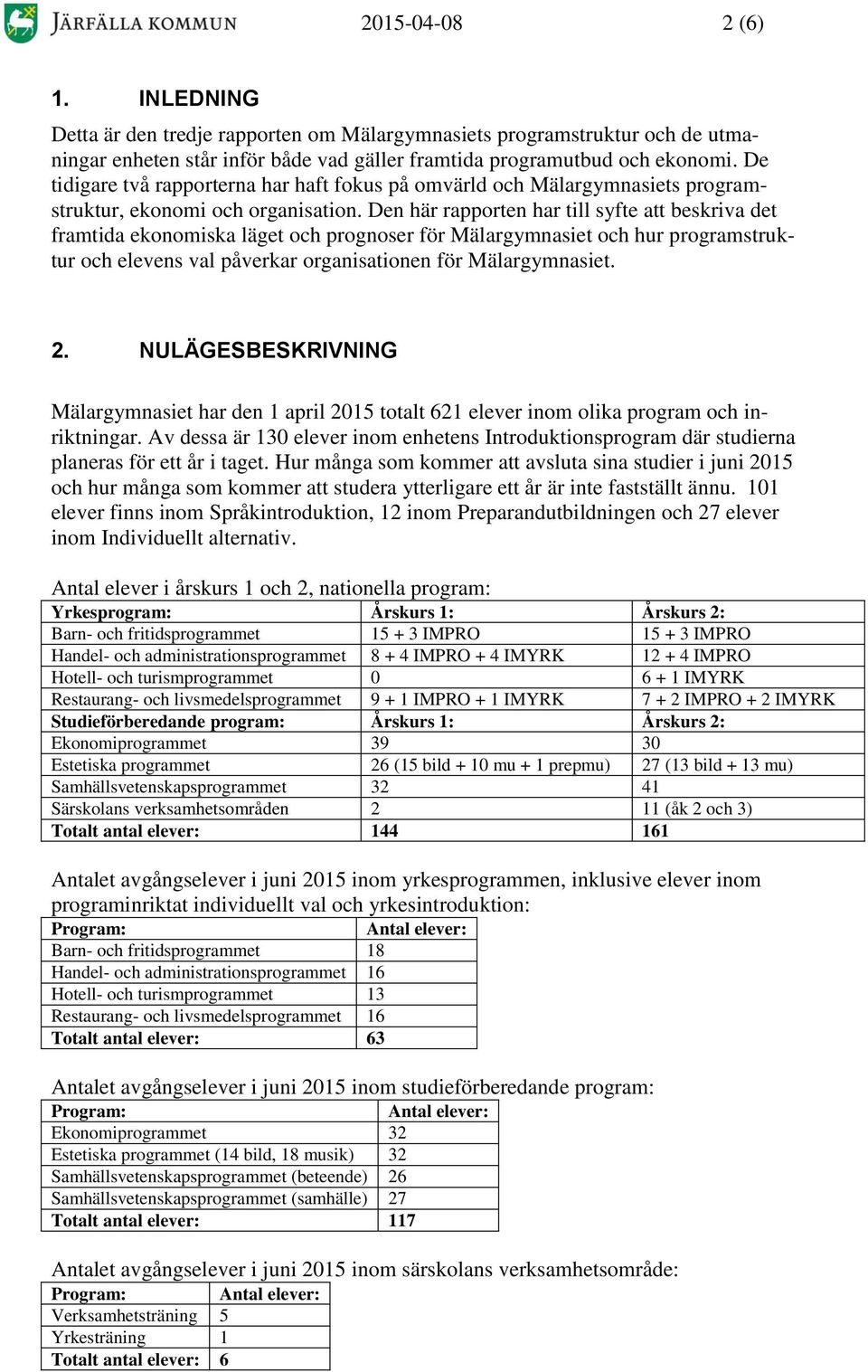 Den här rapporten har till syfte att beskriva det framtida ekonomiska läget och prognoser för Mälargymnasiet och hur programstruktur och elevens val påverkar organisationen för Mälargymnasiet. 2.