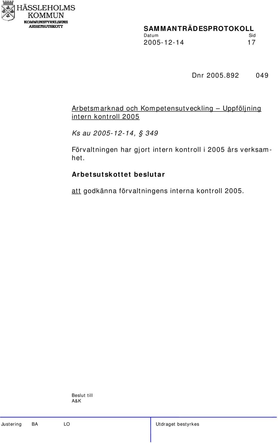 kontroll 2005 Ks au 2005-12-14, 349 Förvaltningen har gjort intern