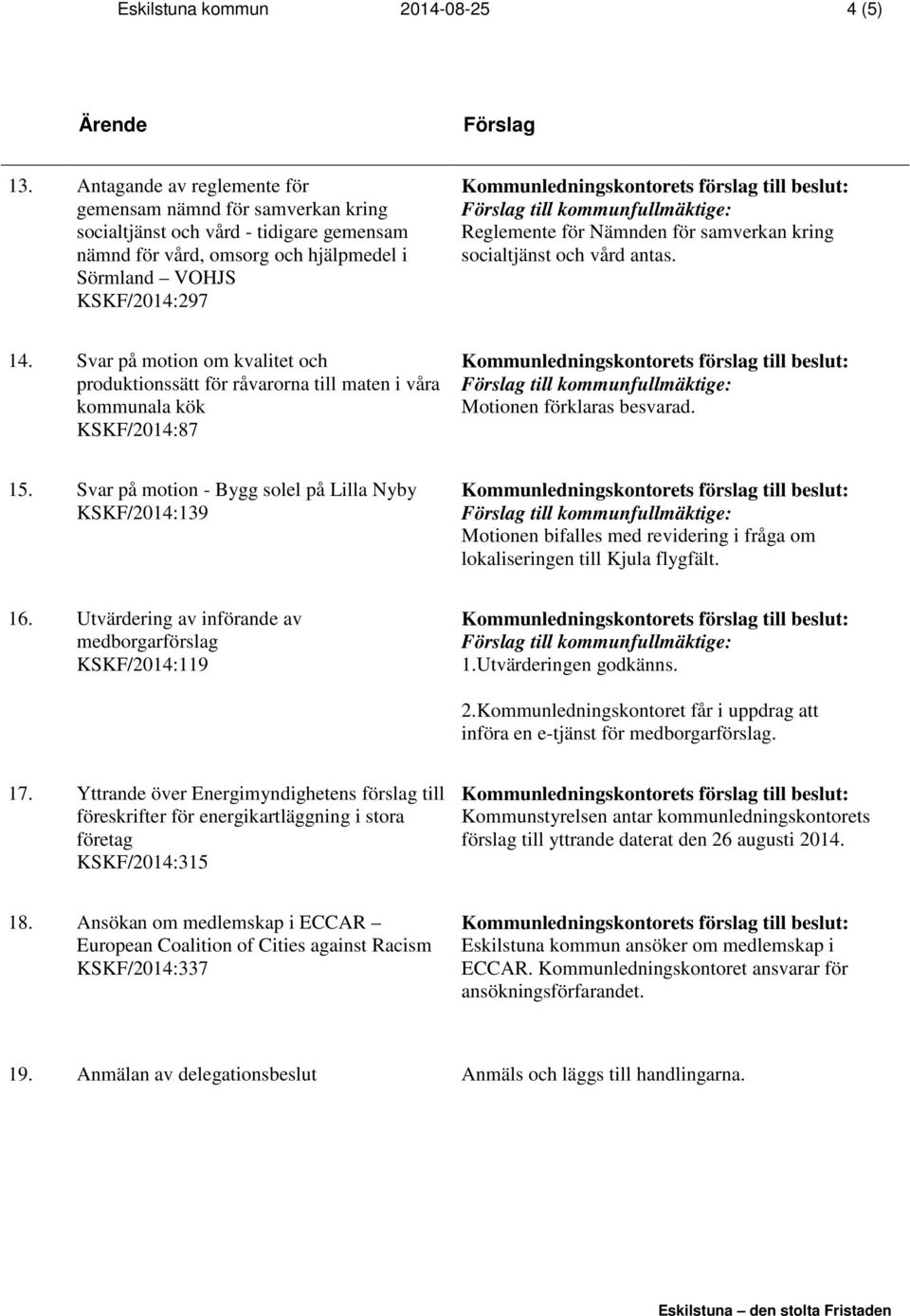 för samverkan kring socialtjänst och vård antas. 14. Svar på motion om kvalitet och produktionssätt för råvarorna till maten i våra kommunala kök KSKF/2014:87 Motionen förklaras besvarad. 15.