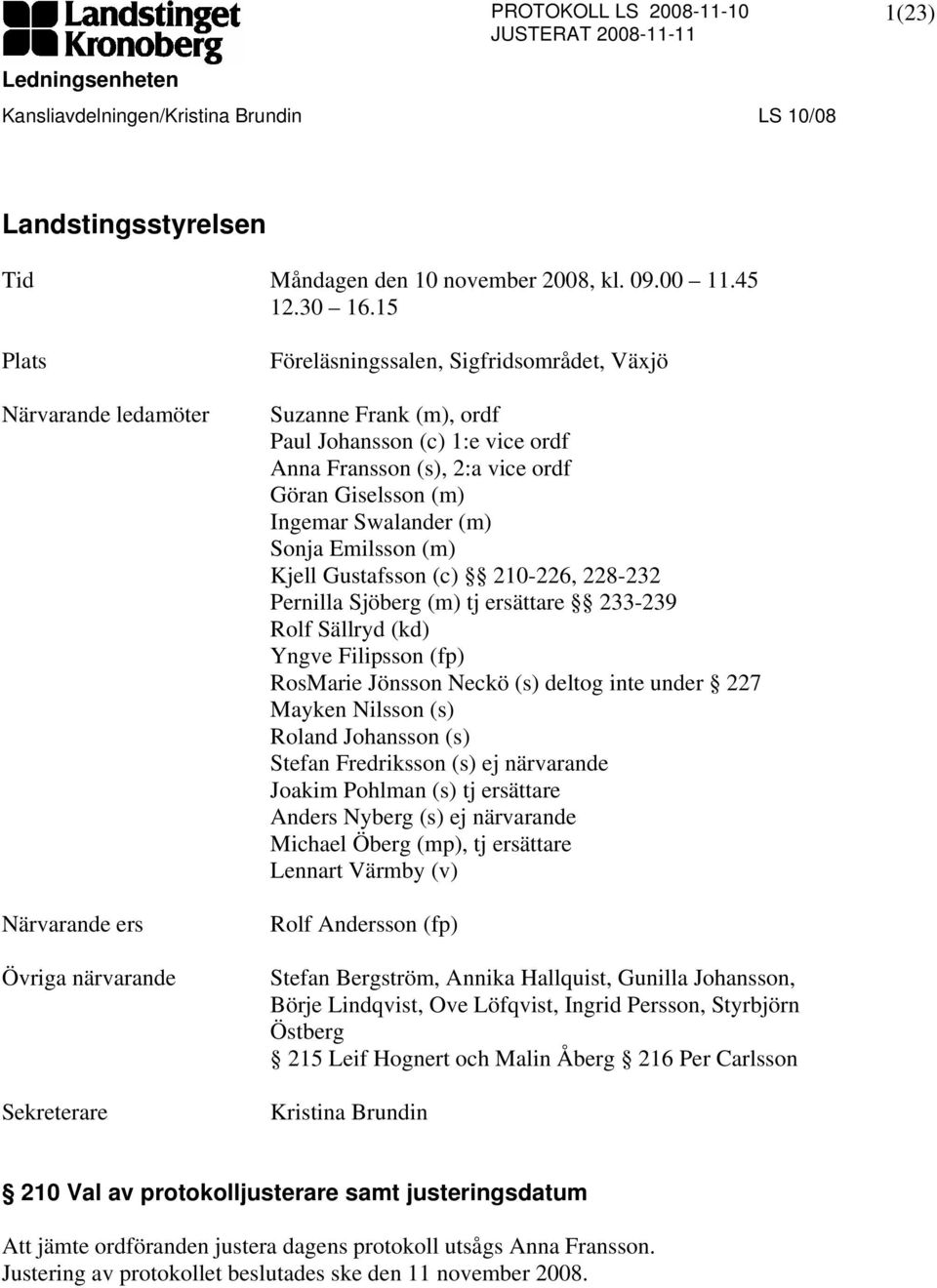 vice ordf Göran Giselsson (m) Ingemar Swalander (m) Sonja Emilsson (m) Kjell Gustafsson (c) 210-226, 228-232 Pernilla Sjöberg (m) tj ersättare 233-239 Rolf Sällryd (kd) Yngve Filipsson (fp) RosMarie