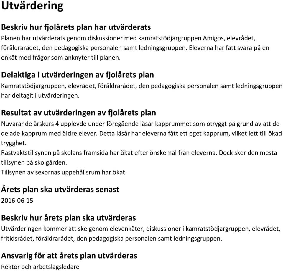 Delaktiga i utvärderingen av fjolårets plan Kamratstödjargruppen, elevrådet, föräldrarådet, den pedagogiska personalen samt ledningsgruppen har deltagit i utvärderingen.