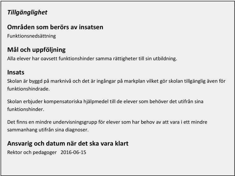 Insats Skolan är byggd på marknivå och det är ingångar på markplan vilket gör skolan tillgänglig även för funktionshindrade.