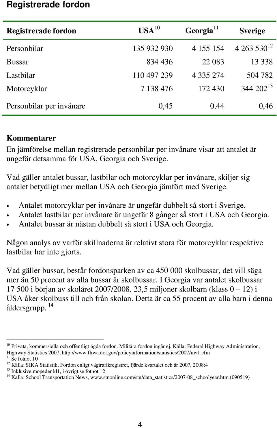 Sverige. Vad gäller antalet bussar, lastbilar och motorcyklar per invånare, skiljer sig antalet betydligt mer mellan USA och Georgia jämfört med Sverige.