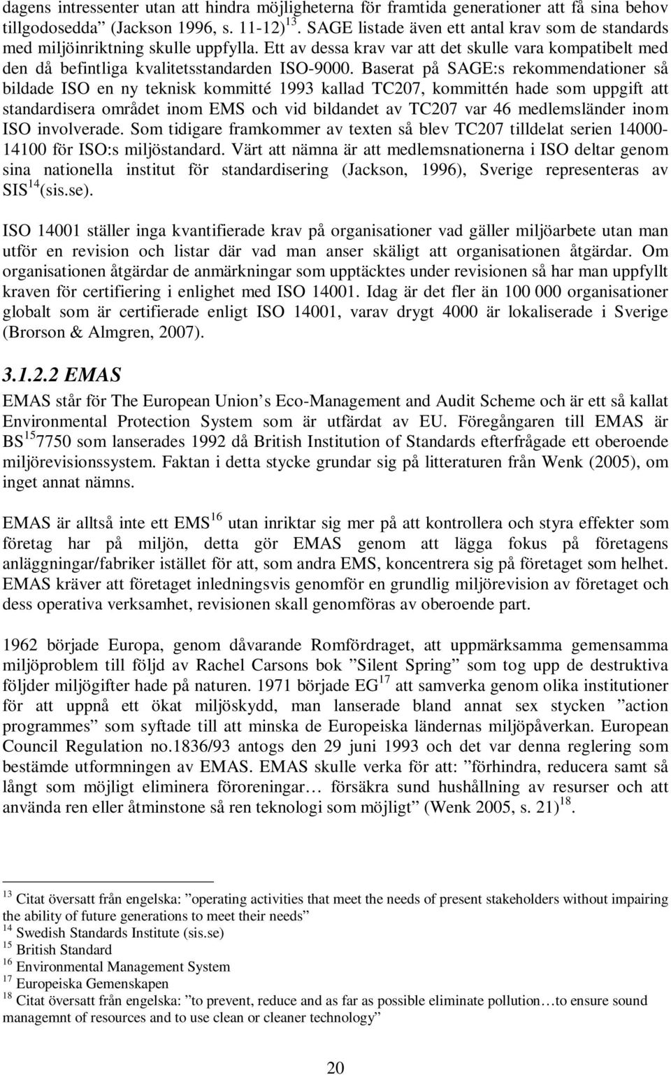 Baserat på SAGE:s rekommendationer så bildade ISO en ny teknisk kommitté 1993 kallad TC207, kommittén hade som uppgift att standardisera området inom EMS och vid bildandet av TC207 var 46