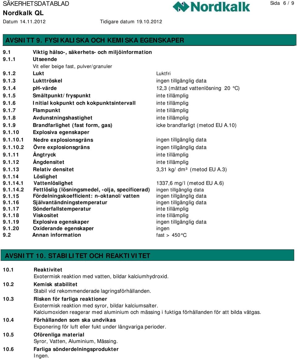 1.9 Brandfarlighet (fast form, gas) icke brandfarligt (metod EU A.10) 9.1.10 Explosiva egenskaper 9.1.10.1 Nedre explosionsgräns ingen tillgänglig data 9.1.10.2 Övre explosionsgräns ingen tillgänglig data 9.