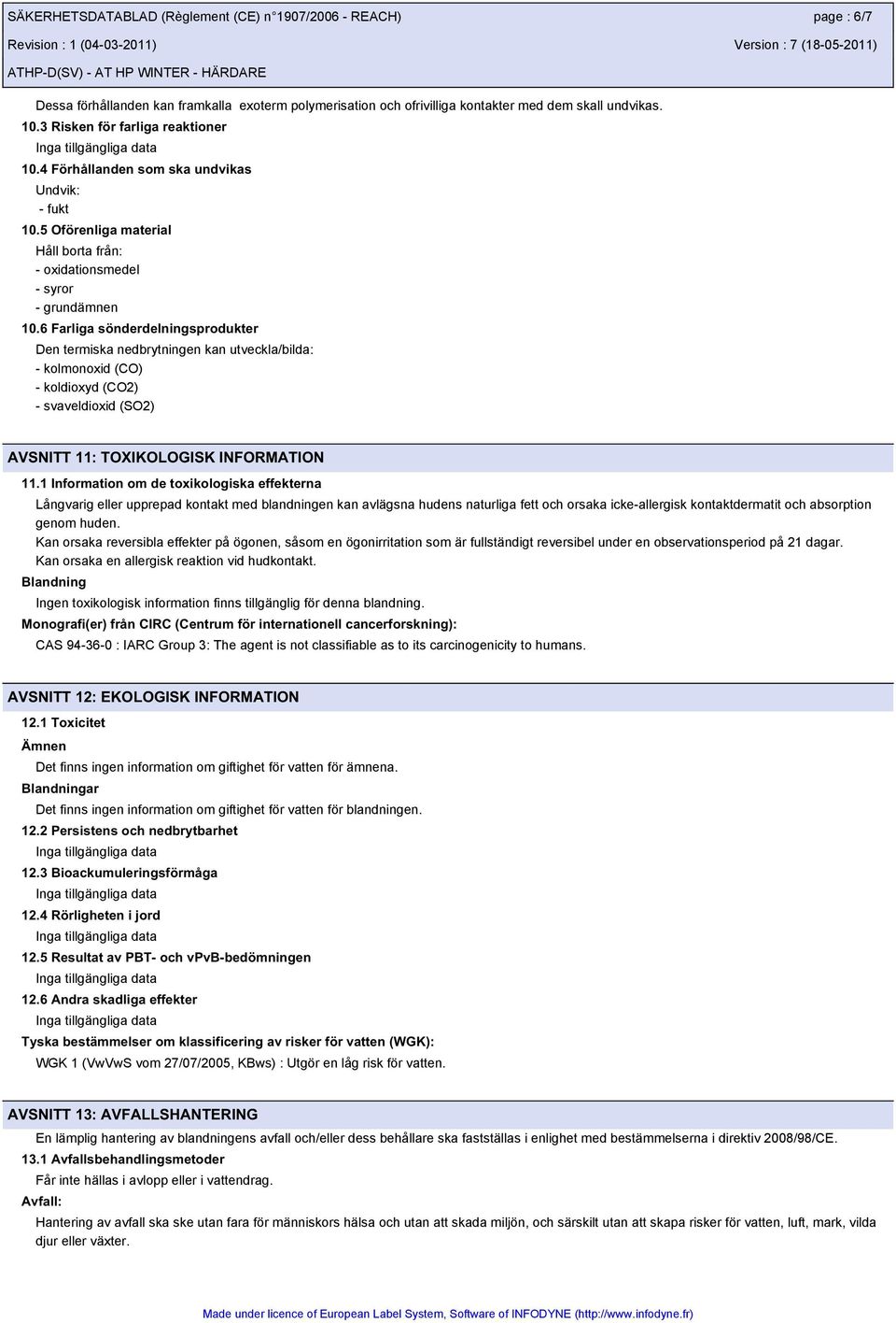 6 Farliga sönderdelningsprodukter Den termiska nedbrytningen kan utveckla/bilda: - kolmonoxid (CO) - koldioxyd (CO2) - svaveldioxid (SO2) AVSNITT 11: TOXIKOLOGISK INFORMATION 11.