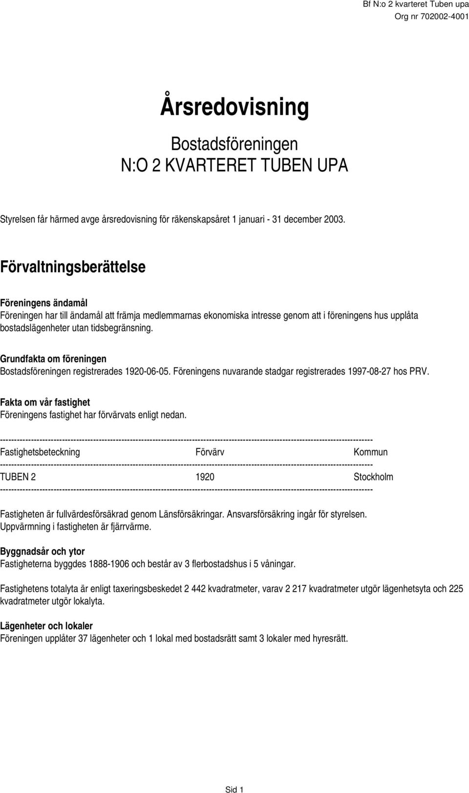 Grundfakta om föreningen Bostadsföreningen registrerades 1920-06-05. Föreningens nuvarande stadgar registrerades 1997-08-27 hos PRV.