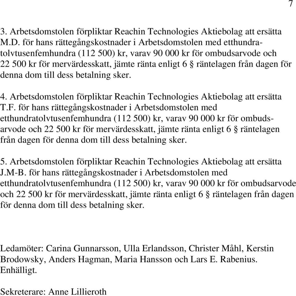 dagen för denna dom till dess betalning sker. 4. Arbetsdomstolen förpliktar Reachin Technologies Aktiebolag att ersätta T.F.  dagen för denna dom till dess betalning sker. 5.