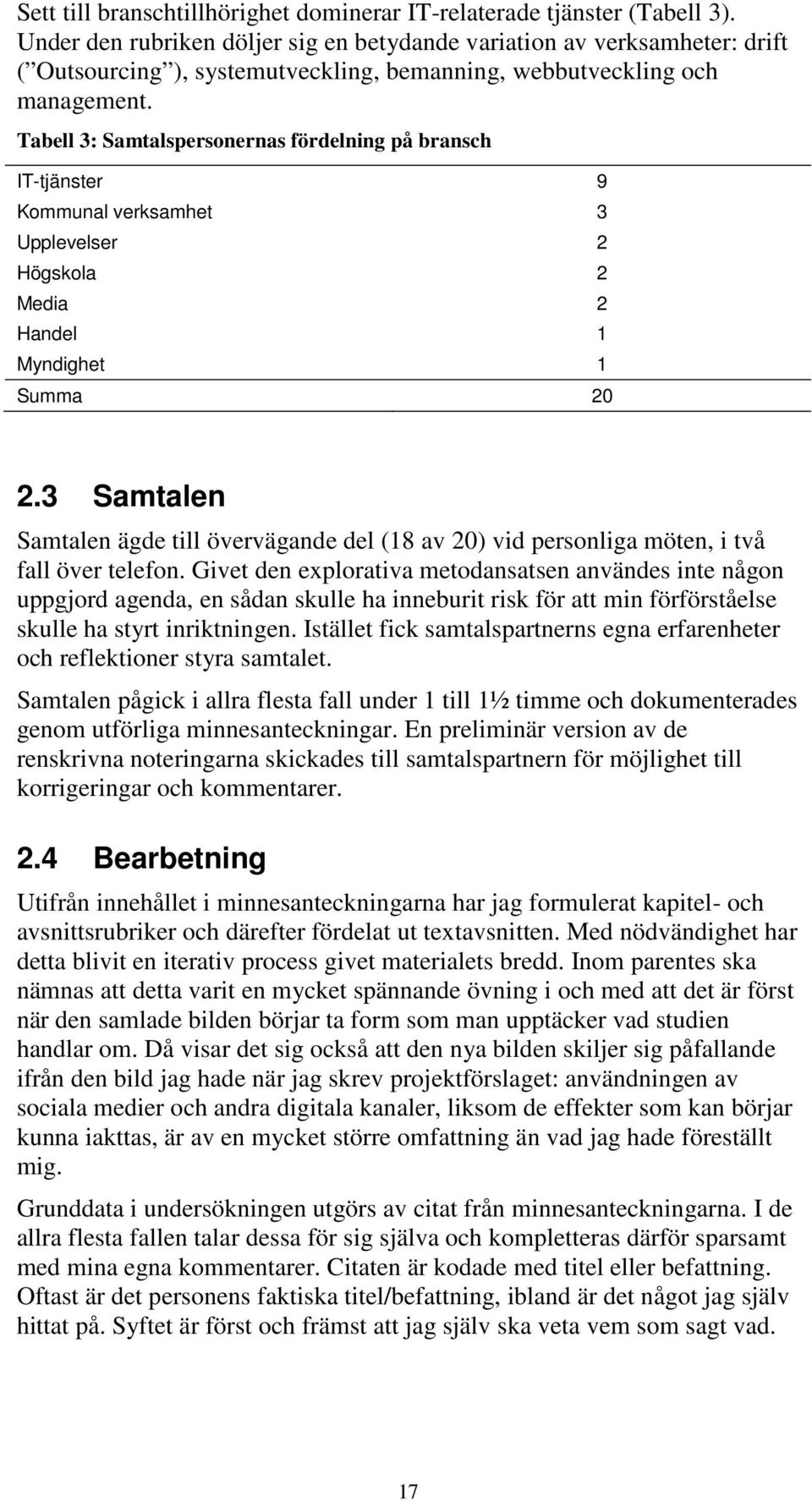 Tabell 3: Samtalspersonernas fördelning på bransch IT-tjänster 9 Kommunal verksamhet 3 Upplevelser 2 Högskola 2 Media 2 Handel 1 Myndighet 1 Summa 20 2.