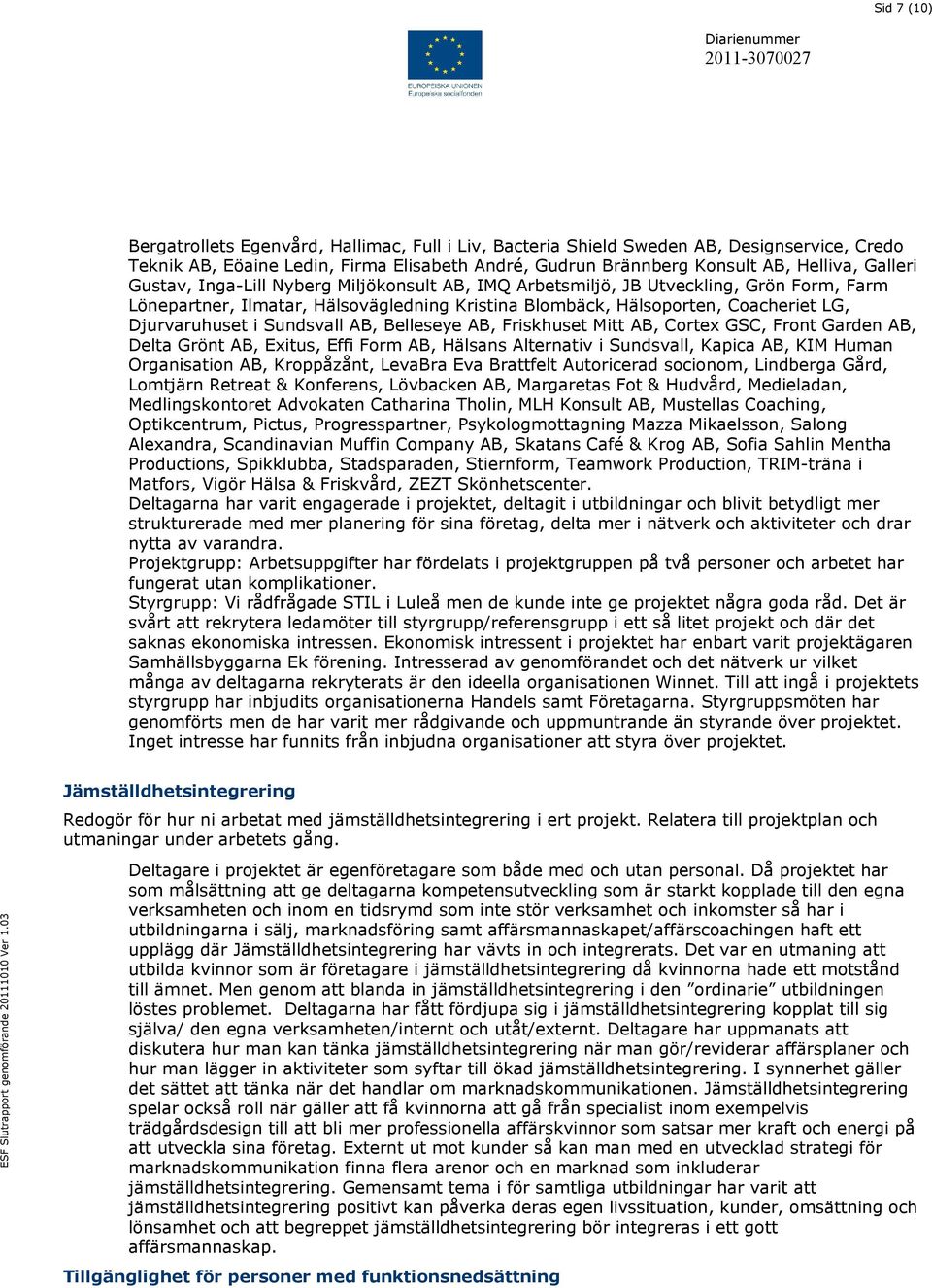 Sundsvall AB, Belleseye AB, Friskhuset Mitt AB, Cortex GSC, Front Garden AB, Delta Grönt AB, Exitus, Effi Form AB, Hälsans Alternativ i Sundsvall, Kapica AB, KIM Human Organisation AB, Kroppåzånt,