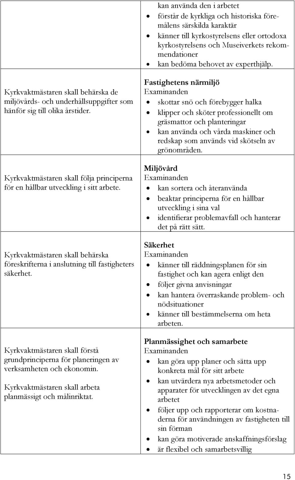 Kyrkvaktmästaren skall följa principerna för en hållbar utveckling i sitt arbete. Kyrkvaktmästaren skall behärska föreskrifterna i anslutning till fastigheters säkerhet.