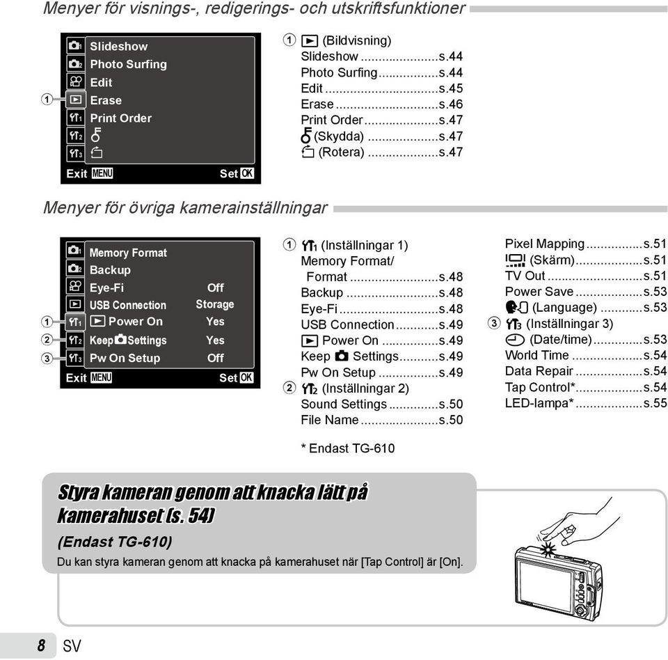 MENU Off Storage Yes Yes Off Set OK 1 r (Inställningar 1) Memory Format/ Format...s.48 Backup...s.48 Eye-Fi...s.48 USB Connection...s.49 q Power On...s.49 Keep z Settings...s.49 Pw On Setup...s.49 2 s (Inställningar 2) Sound Settings.