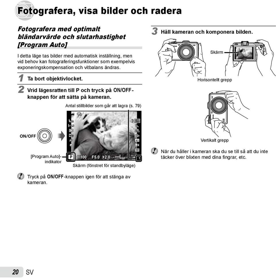 Antal stillbilder som går att lagra (s. 79) 3 Håll kameran och komponera bilden. Skärm Horisontellt grepp ON -2.0 ISO h WB [Program Auto]- indikator OFF AF 4:3 L N HD P 1/100 F5.0 +2.
