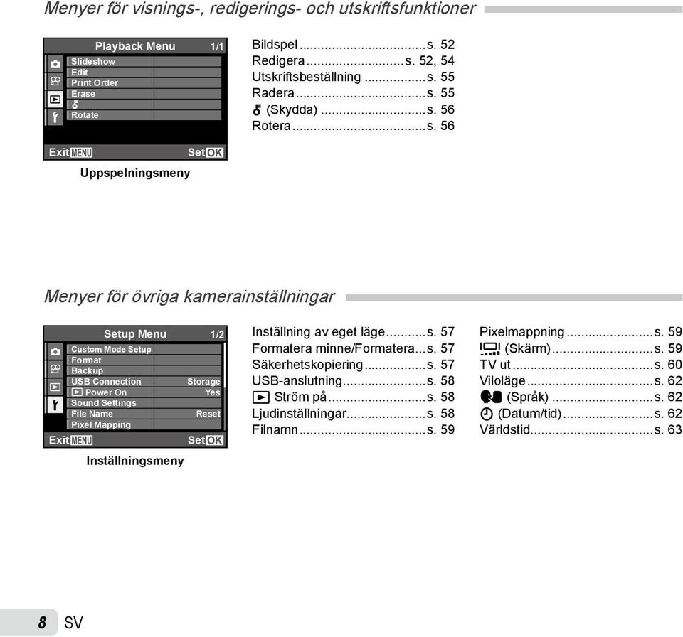 Pixel Mapping Exit Setup Menu 1/2 Inställningsmeny Storage Yes Reset Set Inställning av eget läge...s. 57 Formatera minne/formatera...s. 57 Säkerhetskopiering...s. 57 USB-anslutning...s. 58 q Ström på.