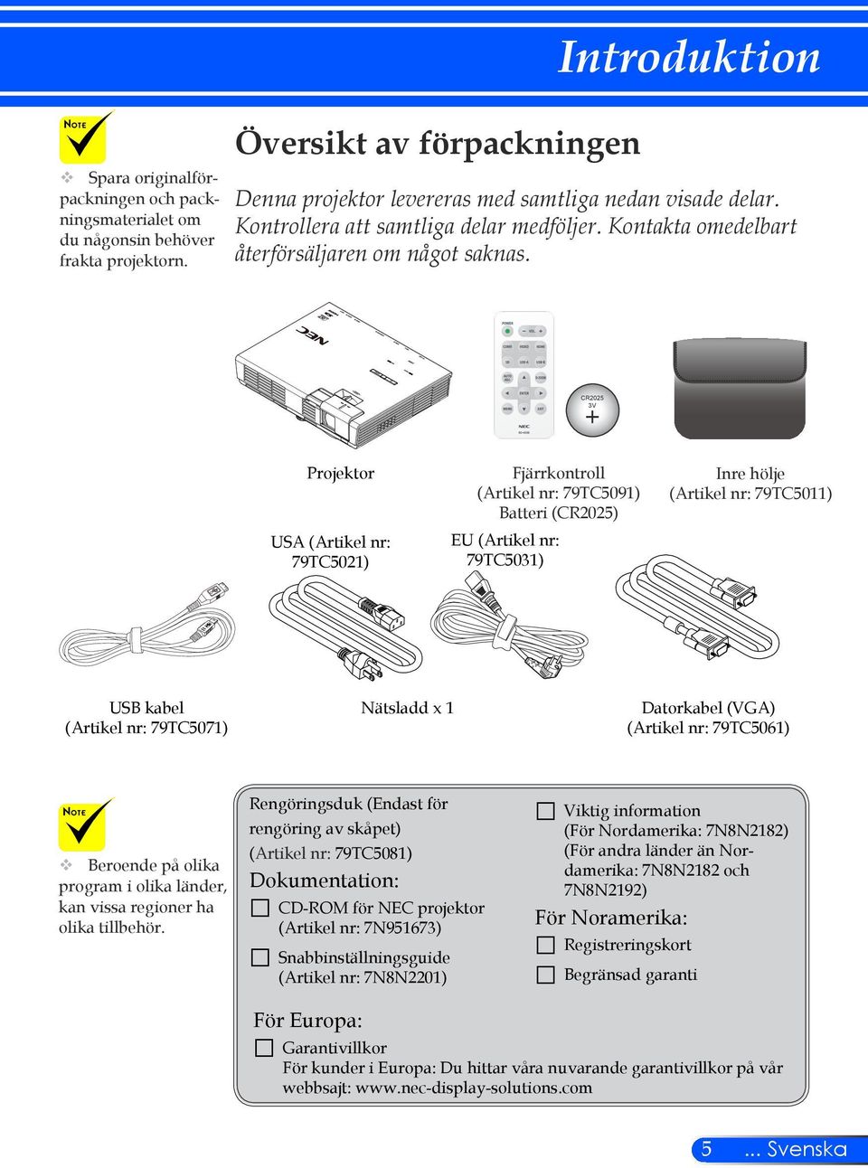 CR2025 3V Projektor USA (Artikel nr: 79TC5021) Fjärrkontroll (Artikel nr: 79TC5091) Batteri (CR2025) EU (Artikel nr: 79TC5031) Inre hölje (Artikel nr: 79TC5011) USB kabel (Artikel nr: 79TC5071)