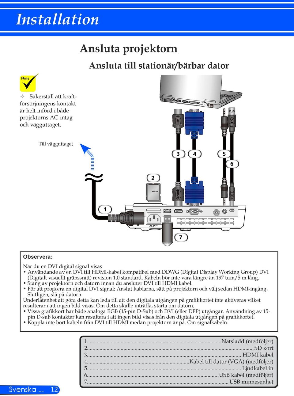 visuellt gränssnitt) revision 1.0 standard. Kabeln bör inte vara längre än 197 tum/5 m lång. Stäng av projektorn och datorn innan du ansluter DVI till HDMI kabel.