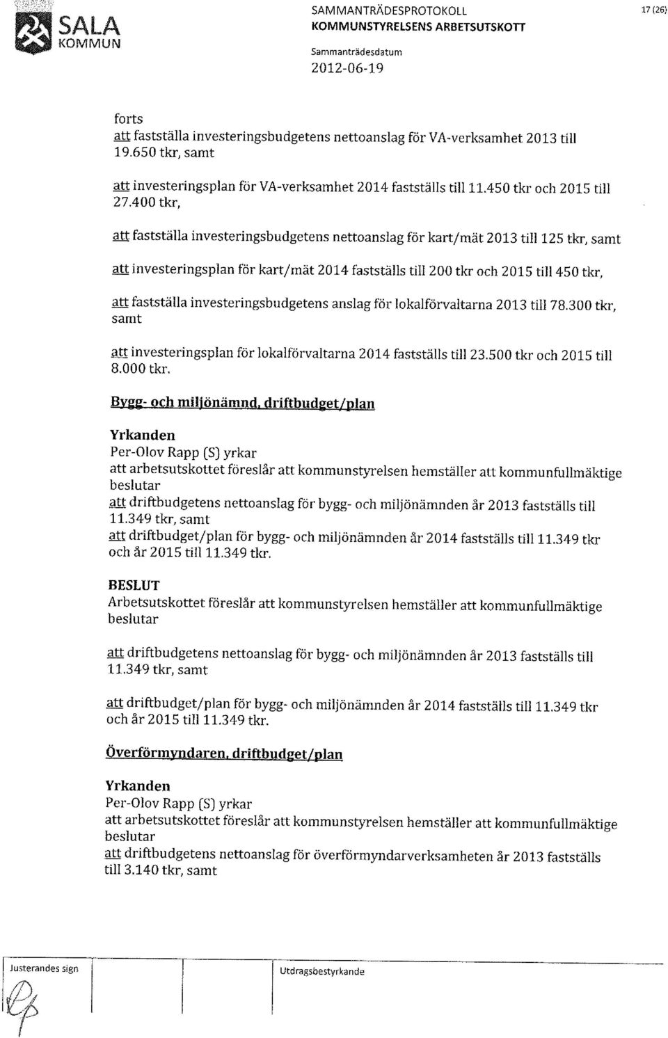 400 tkr, att fastställa investeringsbudgetens nettoanslag för kart/mät 2013 till 125 tkr, samt att investeringsplan för kart/mät 2014 fastställs till 200 tkr och 2015 till 450 tkr, att fastställa