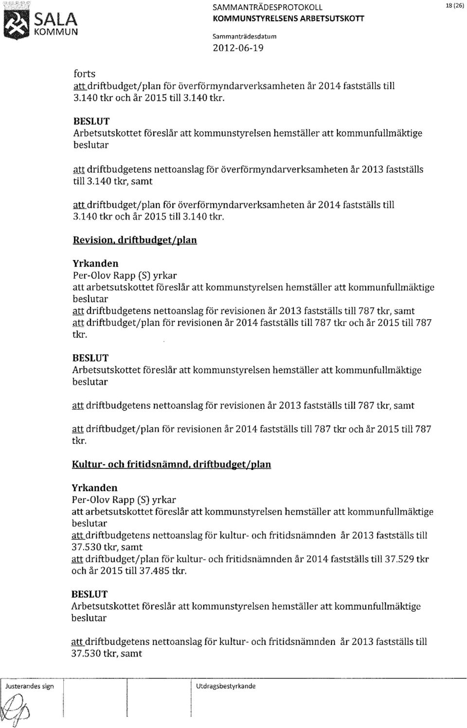 140 tkr, samt att driftbudget/plan för överförmyndarverksamheten år 2014 fastställs till 3.140 tkr och år 2015 till 3.140 tkr. Revision.