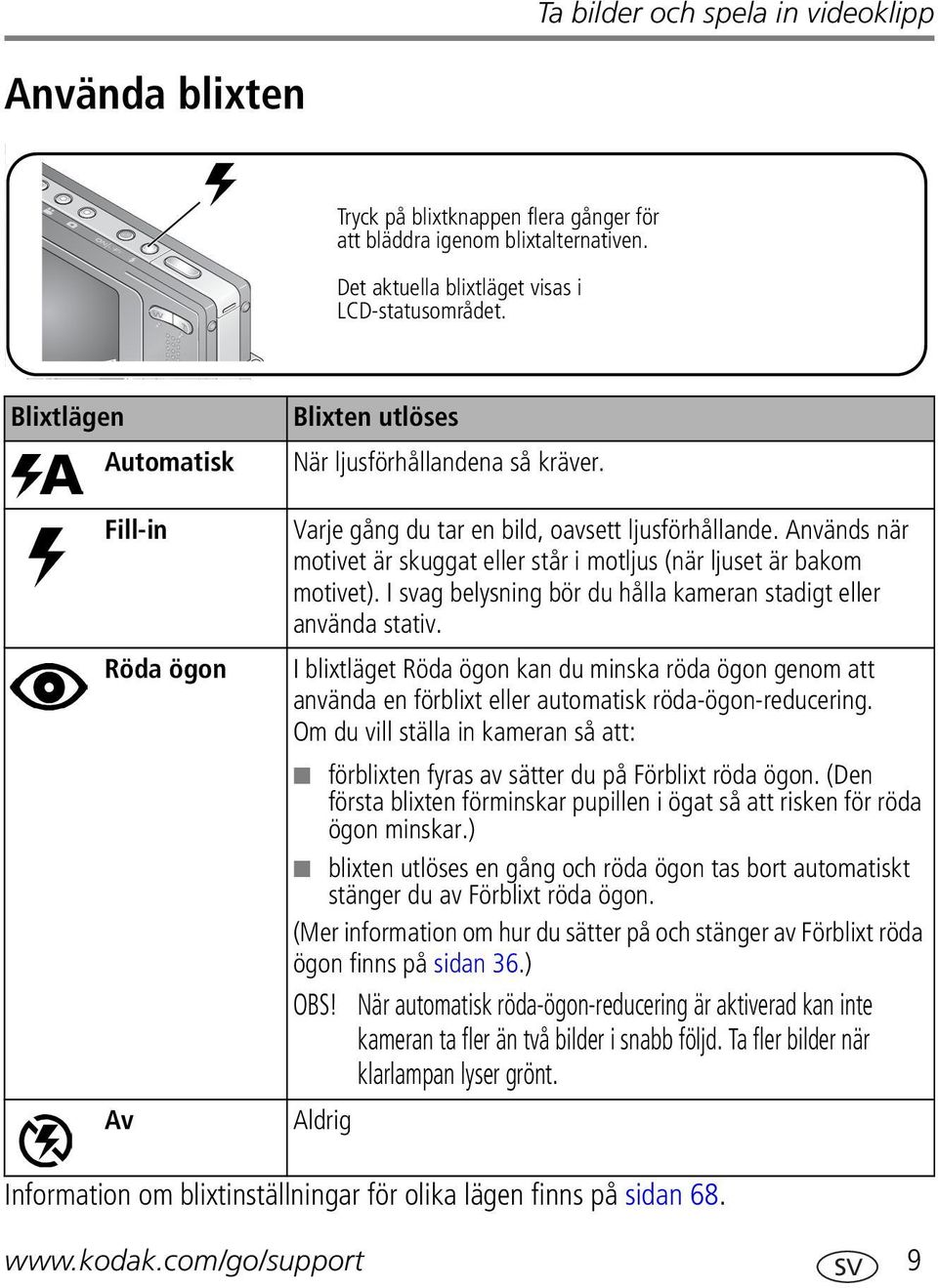 Används när motivet är skuggat eller står i motljus (när ljuset är bakom motivet). I svag belysning bör du hålla kameran stadigt eller använda stativ.