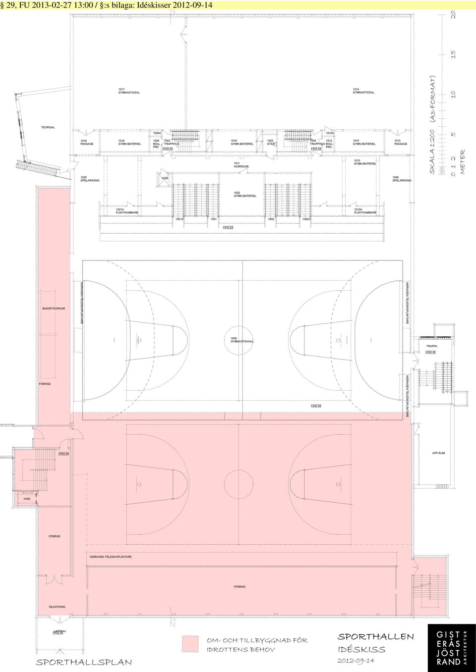 MATERIEL 1013 PASSAGE 1009 SPELARGÅNG (A3-FORMAT) SKALA 1:200 0 1 2 5 10 15 20 METER 1022 GYMN.