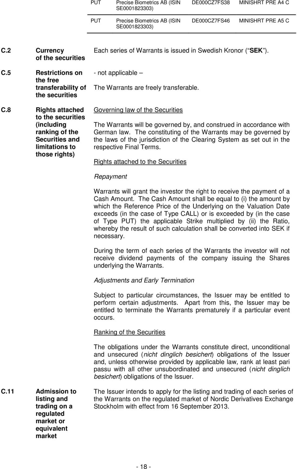 8 Rights attached to the securities (including ranking of the Securities and limitations to those rights) Each series of Warrants is issued in Swedish Kronor ( SEK ).