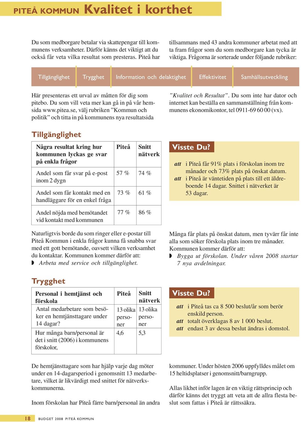 Frågorna är sorterade under följande rubriker: Tillgänglighet Trygghet Information och delaktighet Effektivitet Samhällsutveckling Här presenteras ett urval av måtten för dig som pitebo.