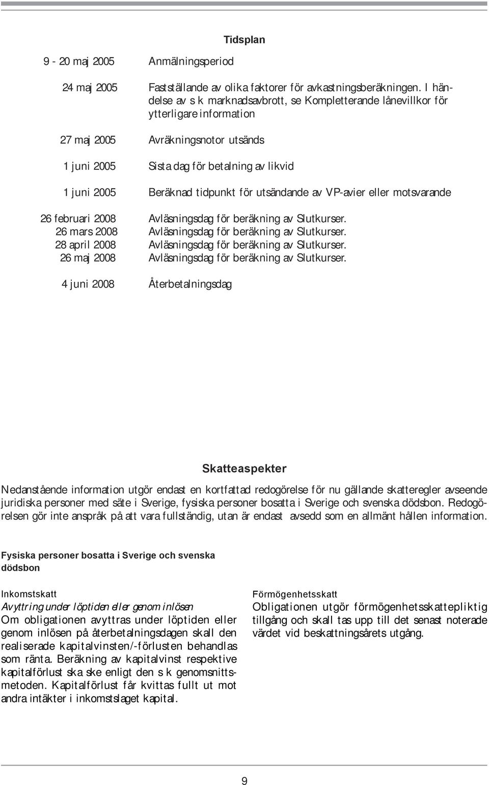 tidpunkt för utsändande av VP-avier eller motsvarande 26 februari 2008 Avläsningsdag för beräkning av Slutkurser. 26 mars 2008 Avläsningsdag för beräkning av Slutkurser.