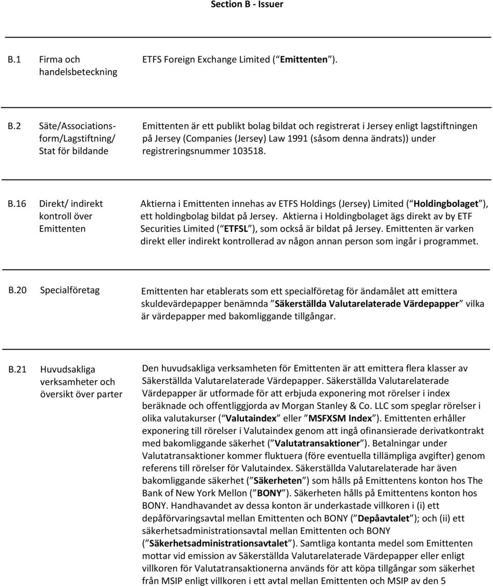 1 Firma och handelsbeteckning ETFS Foreign Exchange Limited ( Emittenten ). B.