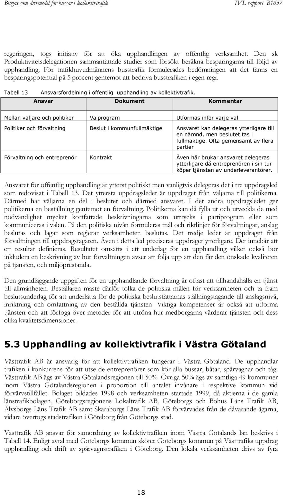 Tabell 13 Ansvarsfördelning i offentlig upphandling av kollektivtrafik.