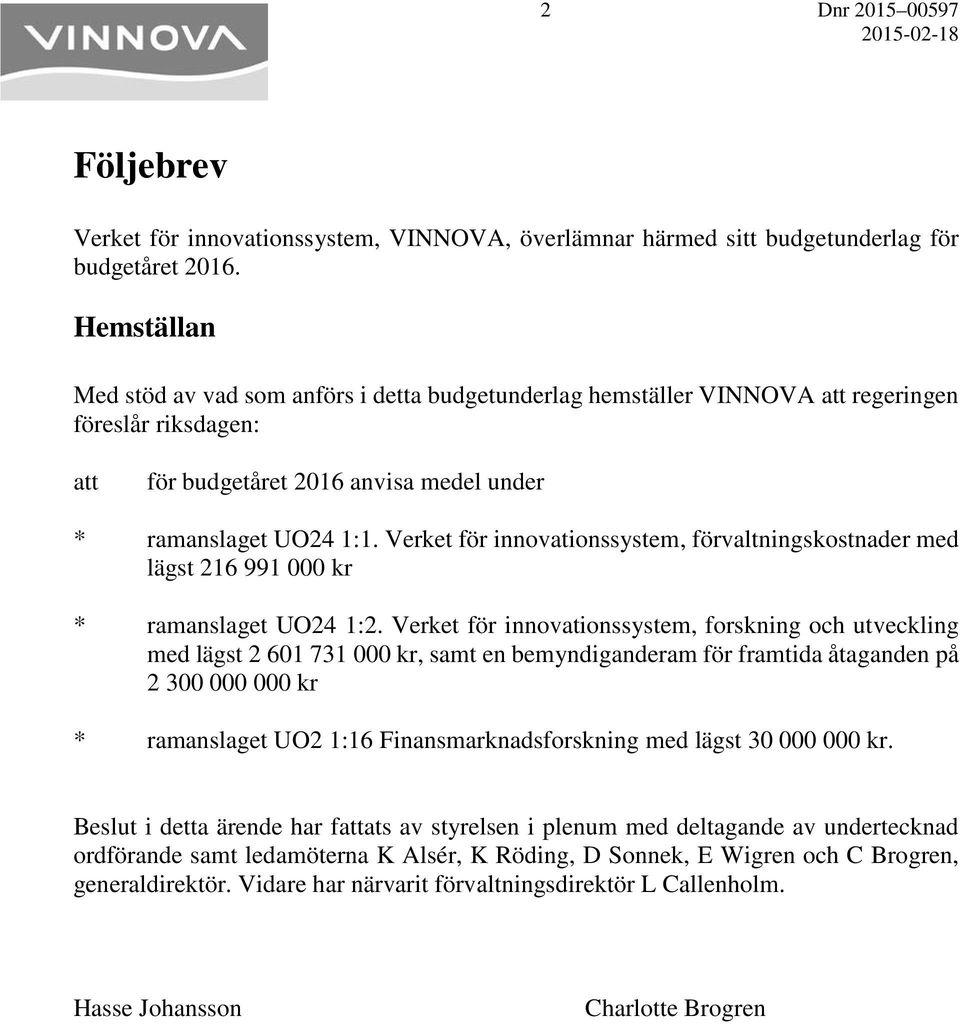 Verket för innovationssystem, förvaltningskostnader med lägst 216 991 000 kr * ramanslaget UO24 1:2.