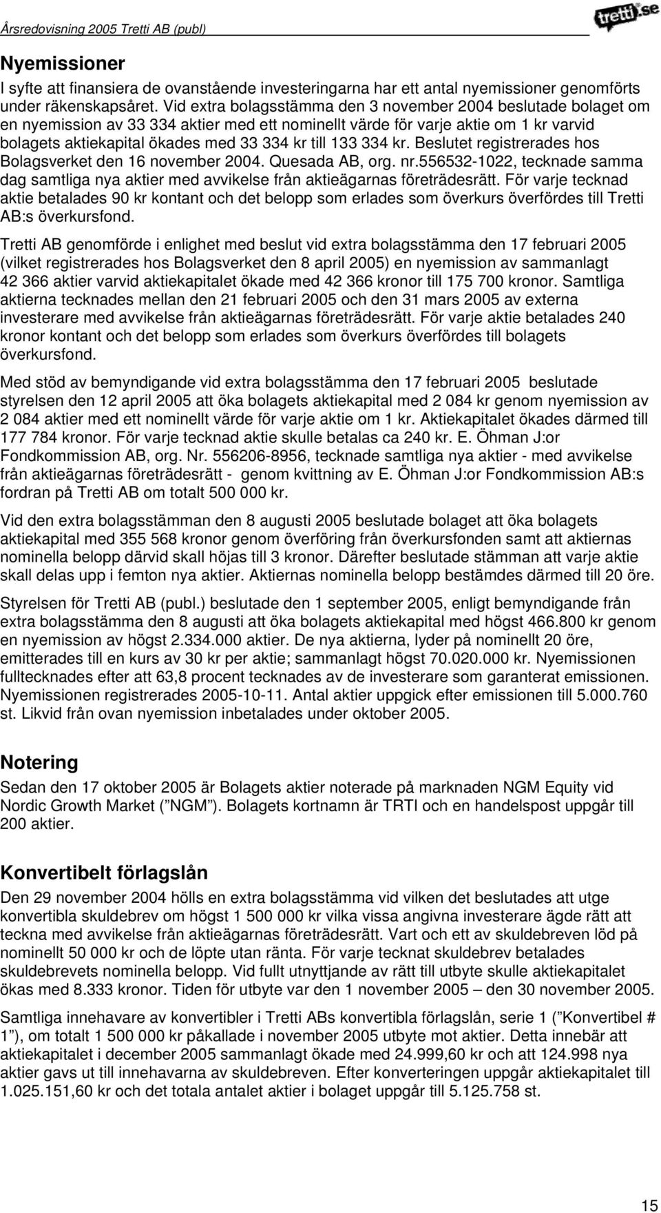 133 334 kr. Beslutet registrerades hos Bolagsverket den 16 november 2004. Quesada AB, org. nr.556532-1022, tecknade samma dag samtliga nya aktier med avvikelse från aktieägarnas företrädesrätt.