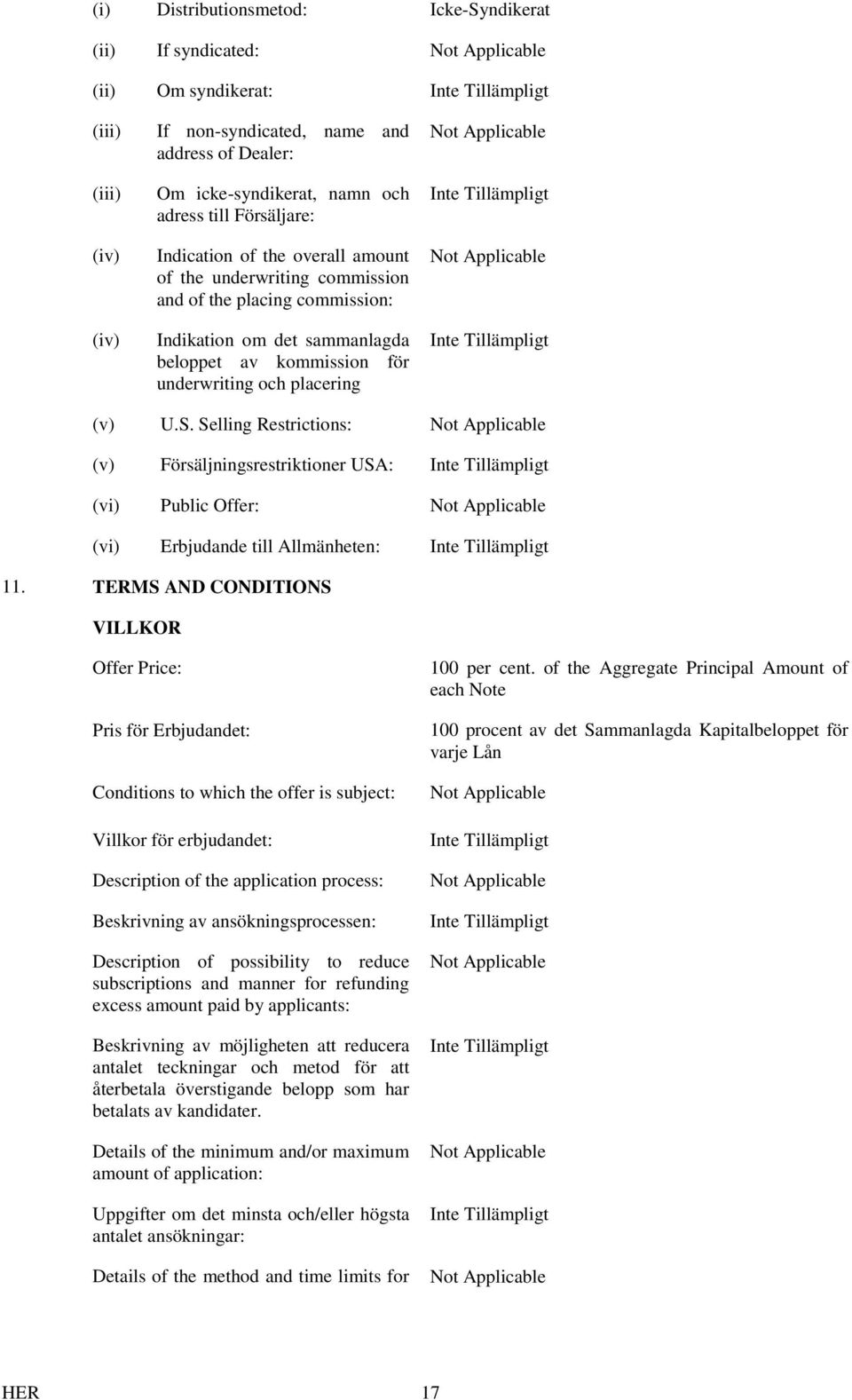 Selling Restrictions: (v) Försäljningsrestriktioner USA: (vi) Public Offer: (vi) Erbjudande till Allmänheten: 11.