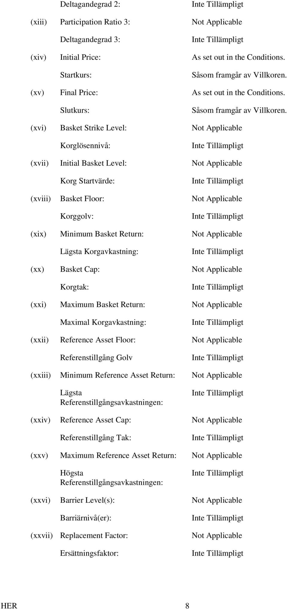 (xxi) Maximum Basket Return: Maximal Korgavkastning: (xxii) Reference Asset Floor: Referenstillgång Golv (xxiii) Minimum Reference Asset Return: Lägsta Referenstillgångsavkastningen: (xxiv)