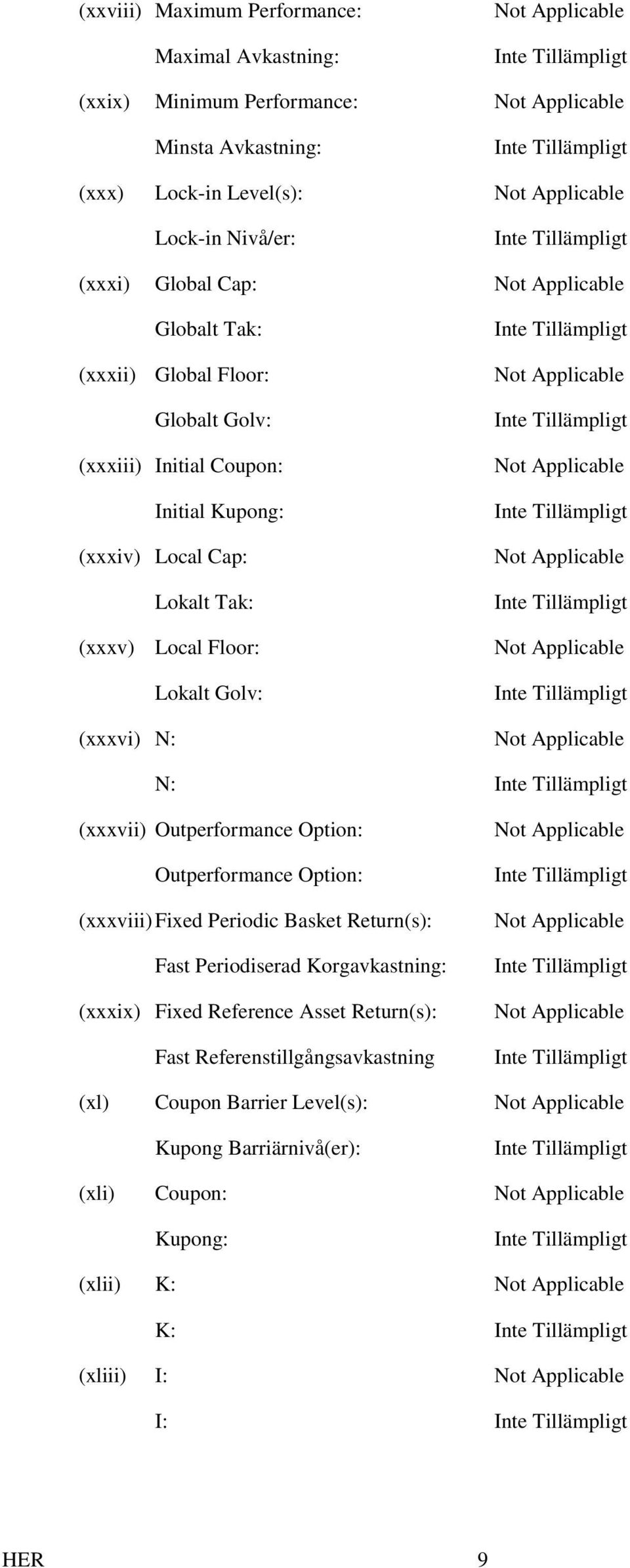 (xxxvi) N: N: (xxxvii) Outperformance Option: Outperformance Option: (xxxviii) Fixed Periodic Basket Return(s): Fast Periodiserad Korgavkastning: (xxxix) Fixed