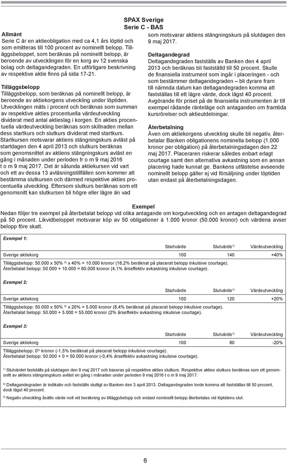 En utförligare beskrivning av respektive aktie finns på sida 17-21. Tilläggsbelopp Tilläggsbelopp, som beräknas på nominellt belopp, är beroende av aktiekorgens utveckling under löptiden.