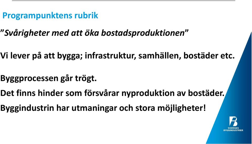 samhällen, bostäder etc. Byggprocessen går trögt.