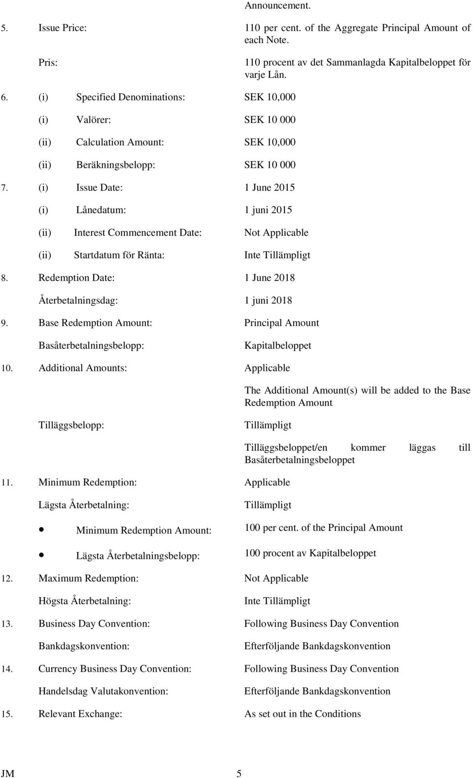 (i) Issue Date: 1 June 2015 (i) Lånedatum: 1 juni 2015 (ii) Interest Commencement Date: Not Applicable (ii) Startdatum för Ränta: 8. Redemption Date: 1 June 2018 Återbetalningsdag: 1 juni 2018 9.