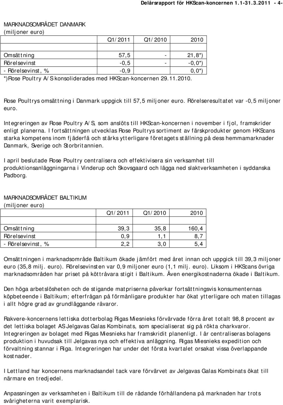 Rose Poultrys omsättning i Danmark uppgick till 57,5 miljoner euro. Rörelseresultatet var -0,5 miljoner euro.