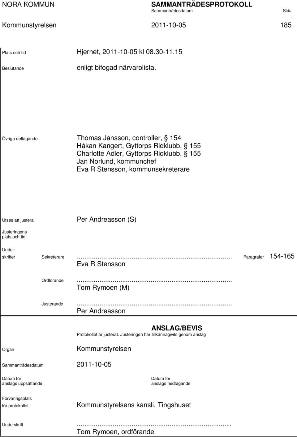 att justera Per Andreasson (S) Justeringens plats och tid Under- skrifter Sekreterare... Paragrafer 154-165 Eva R Stensson Ordförande... Tom Rymoen (M) Justerande.