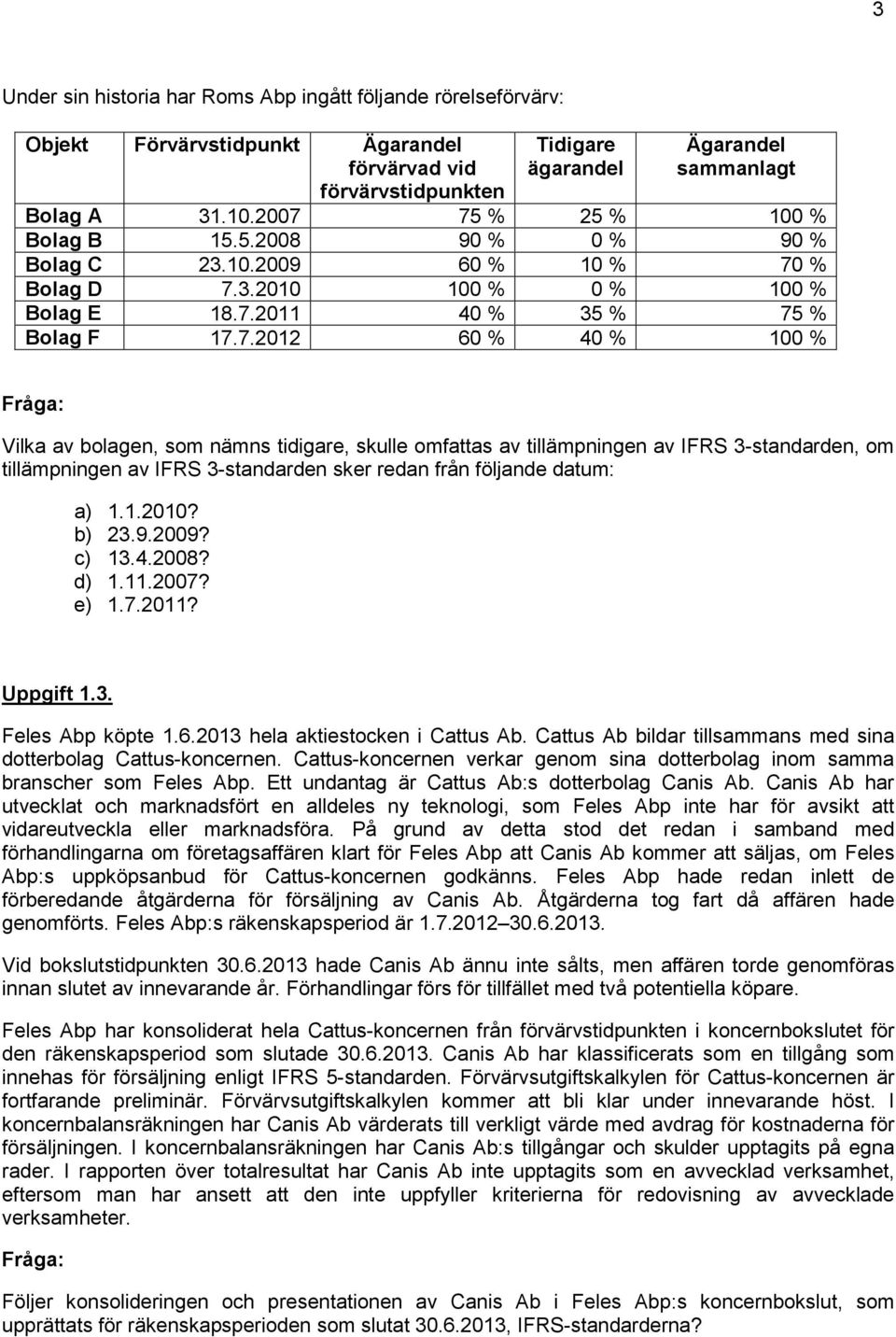 av bolagen, som nämns tidigare, skulle omfattas av tillämpningen av IFRS 3-standarden, om tillämpningen av IFRS 3-standarden sker redan från följande datum: a) 1.1.2010? b) 23.9.2009? c) 13.4.2008?