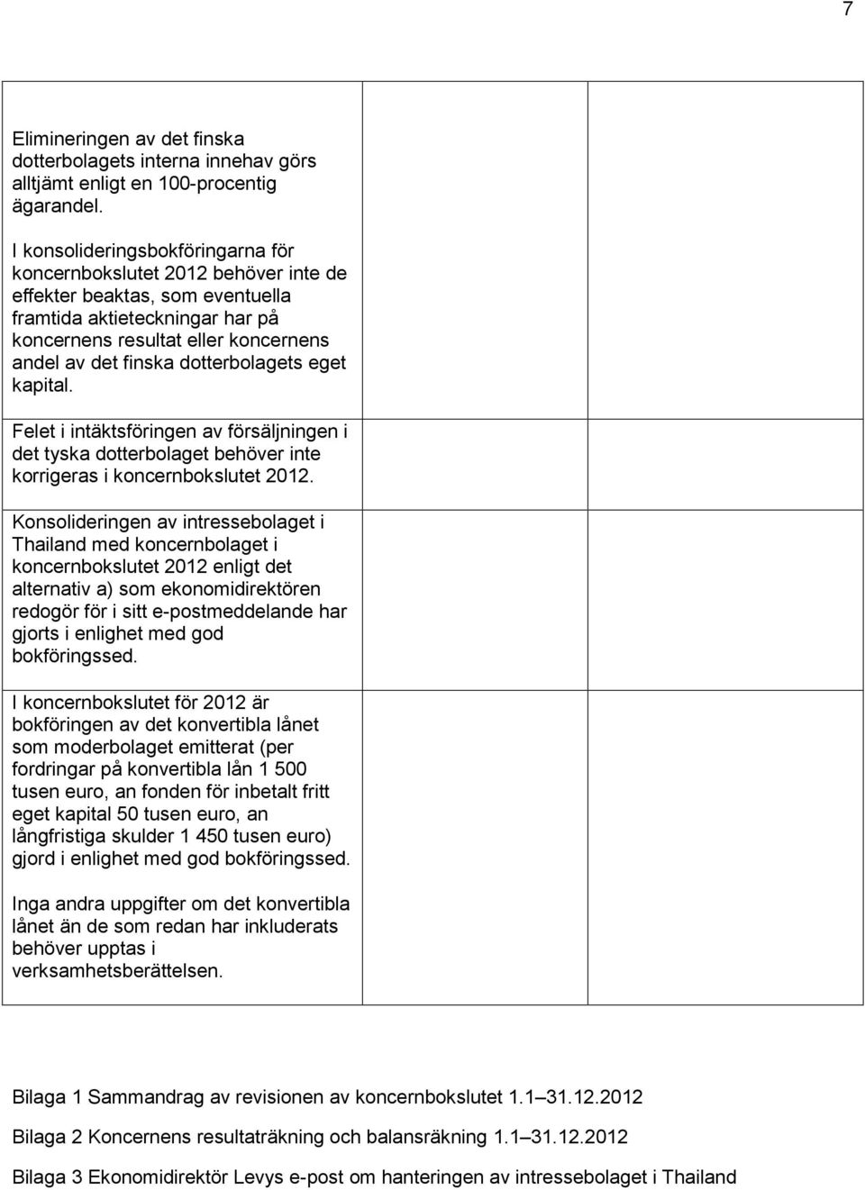 dotterbolagets eget kapital. Felet i intäktsföringen av försäljningen i det tyska dotterbolaget behöver inte korrigeras i koncernbokslutet 2012.