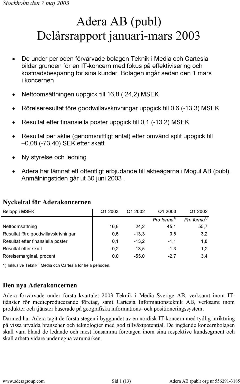 Bolagen ingår sedan den 1 mars i koncernen Nettoomsättningen uppgick till 16,8 ( 24,2) MSEK Rörelseresultat före goodwillavskrivningar uppgick till 0,6 (-13,3) MSEK Resultat efter finansiella poster