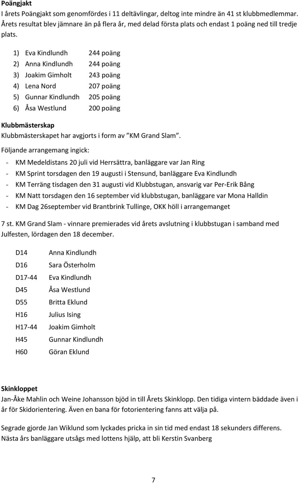 1) Eva Kindlundh 244 poäng 2) Anna Kindlundh 244 poäng 3) Joakim Gimholt 243 poäng 4) Lena Nord 207 poäng 5) Gunnar Kindlundh 205 poäng 6) Åsa Westlund 200 poäng Klubbmästerskap Klubbmästerskapet har