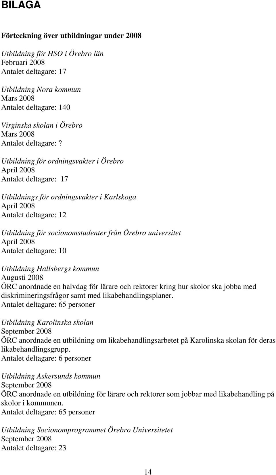 Utbildning för ordningsvakter i Örebro April 2008 Antalet deltagare: 17 Utbildnings för ordningsvakter i Karlskoga April 2008 Antalet deltagare: 12 Utbildning för socionomstudenter från Örebro