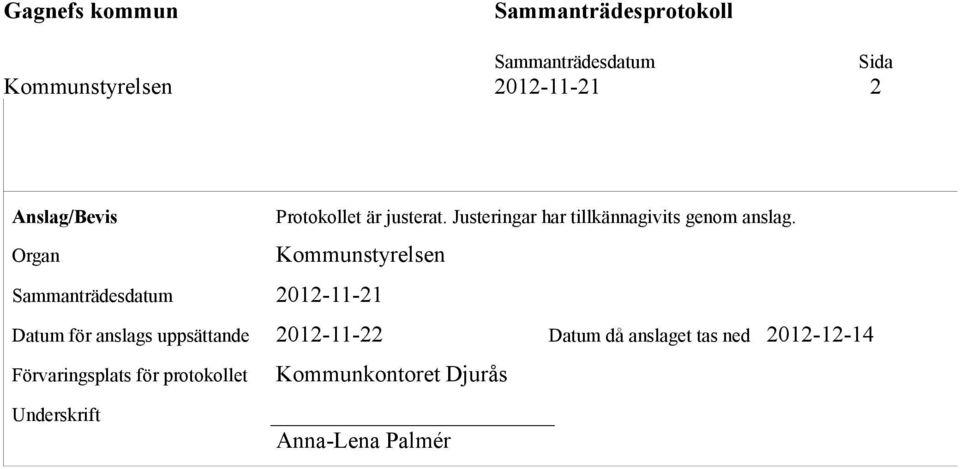 Kommunstyrelsen 2012-11-21 Datum för anslags uppsättande 2012-11-22 Datum då